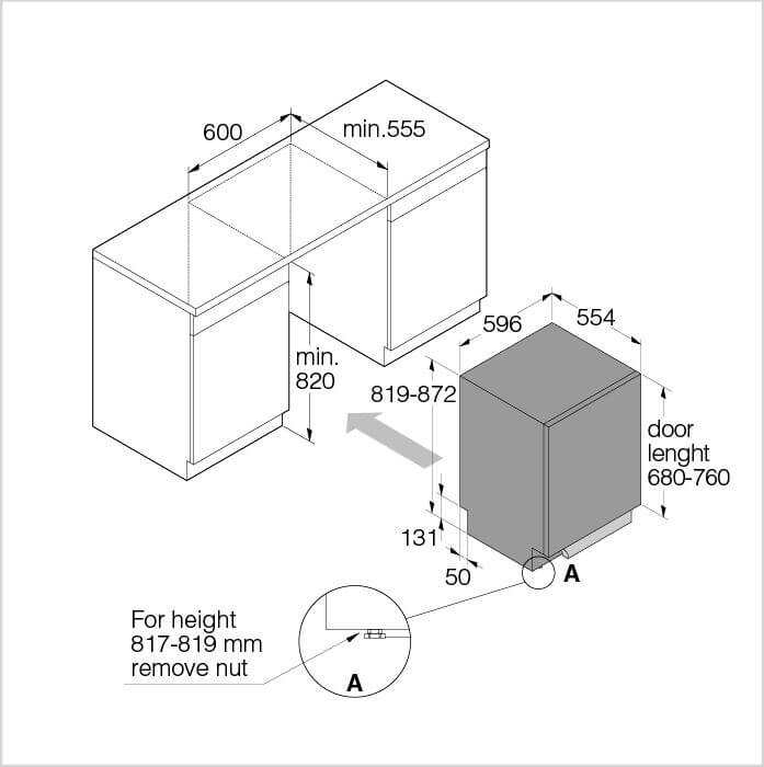 Einbauzeichnung mit Massen ASKO DFI 545N