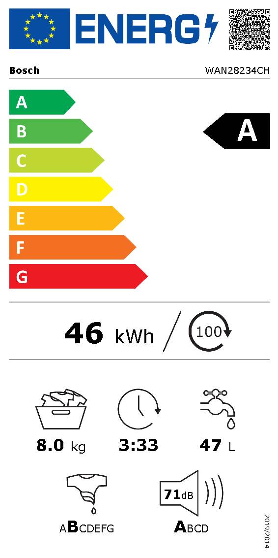 Energieetikette Bosch Waschmaschine Serie 4 WAN28234CH