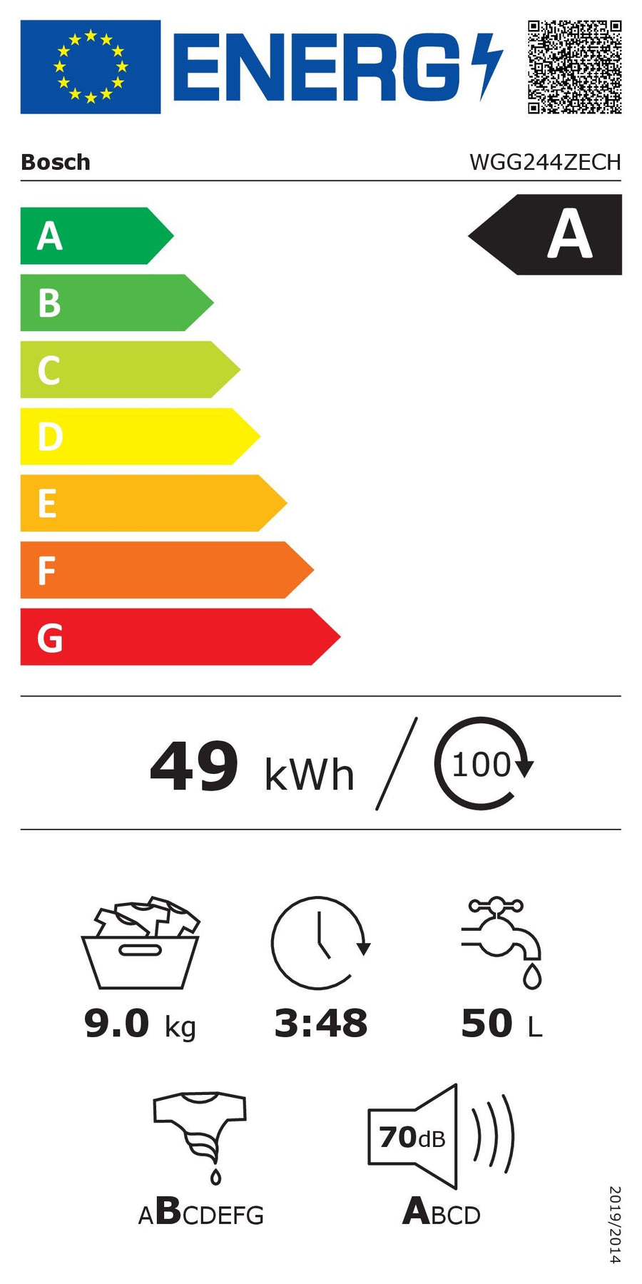 Energieetikette Bosch Waschmaschine Serie 6 WGG244ZECH
