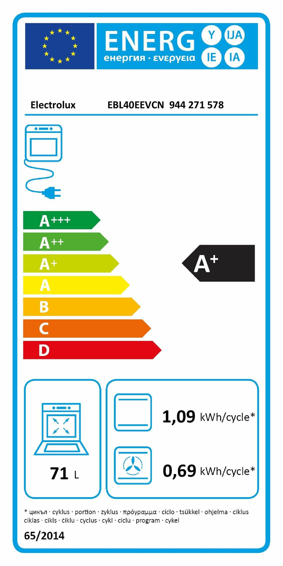 Energieetikette Electrolux Backofen EBL40EEVCN