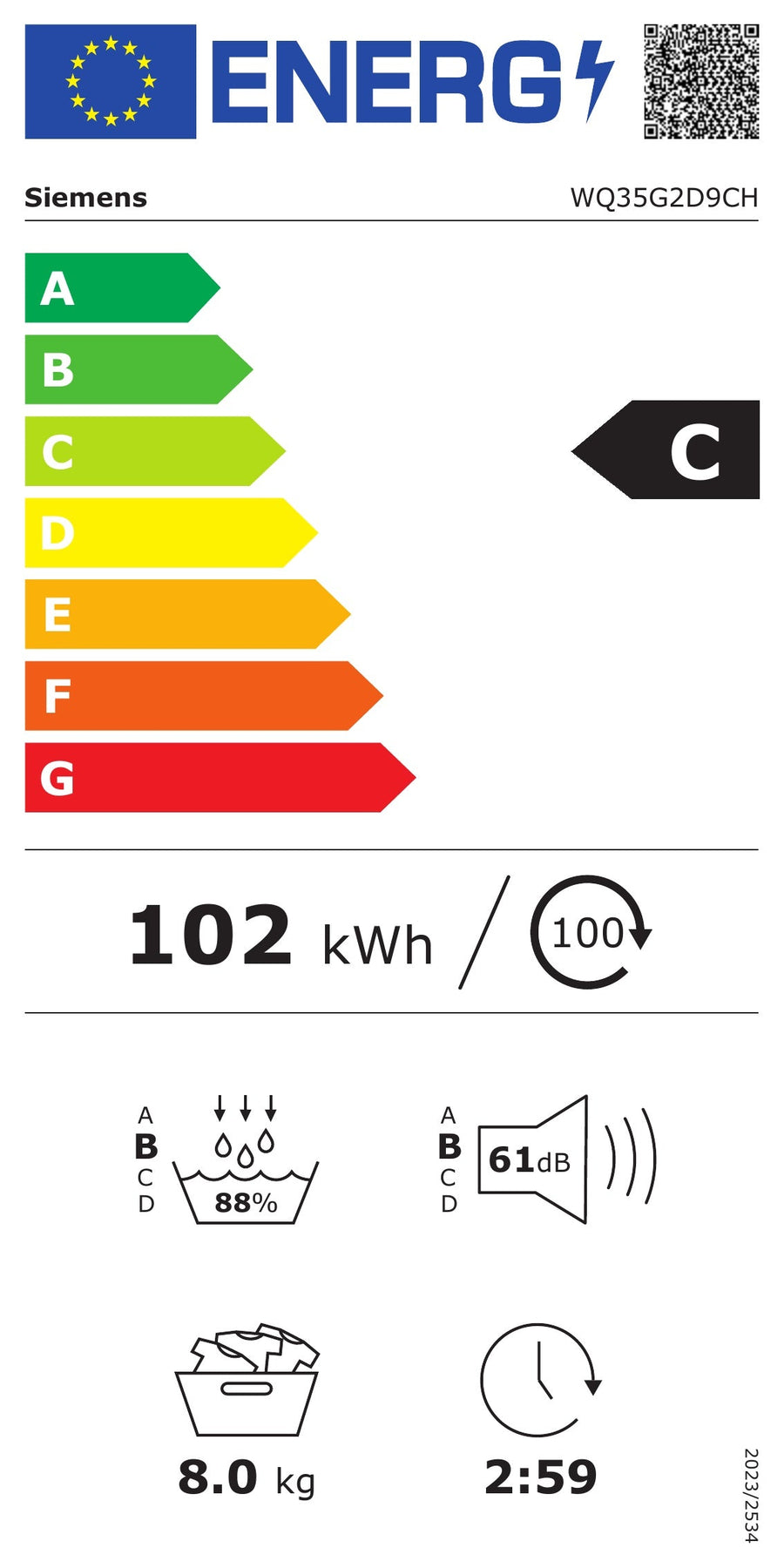 Energieetikette Siemens Wärmepumpentrockner iQ500 WQ35G2D9CH