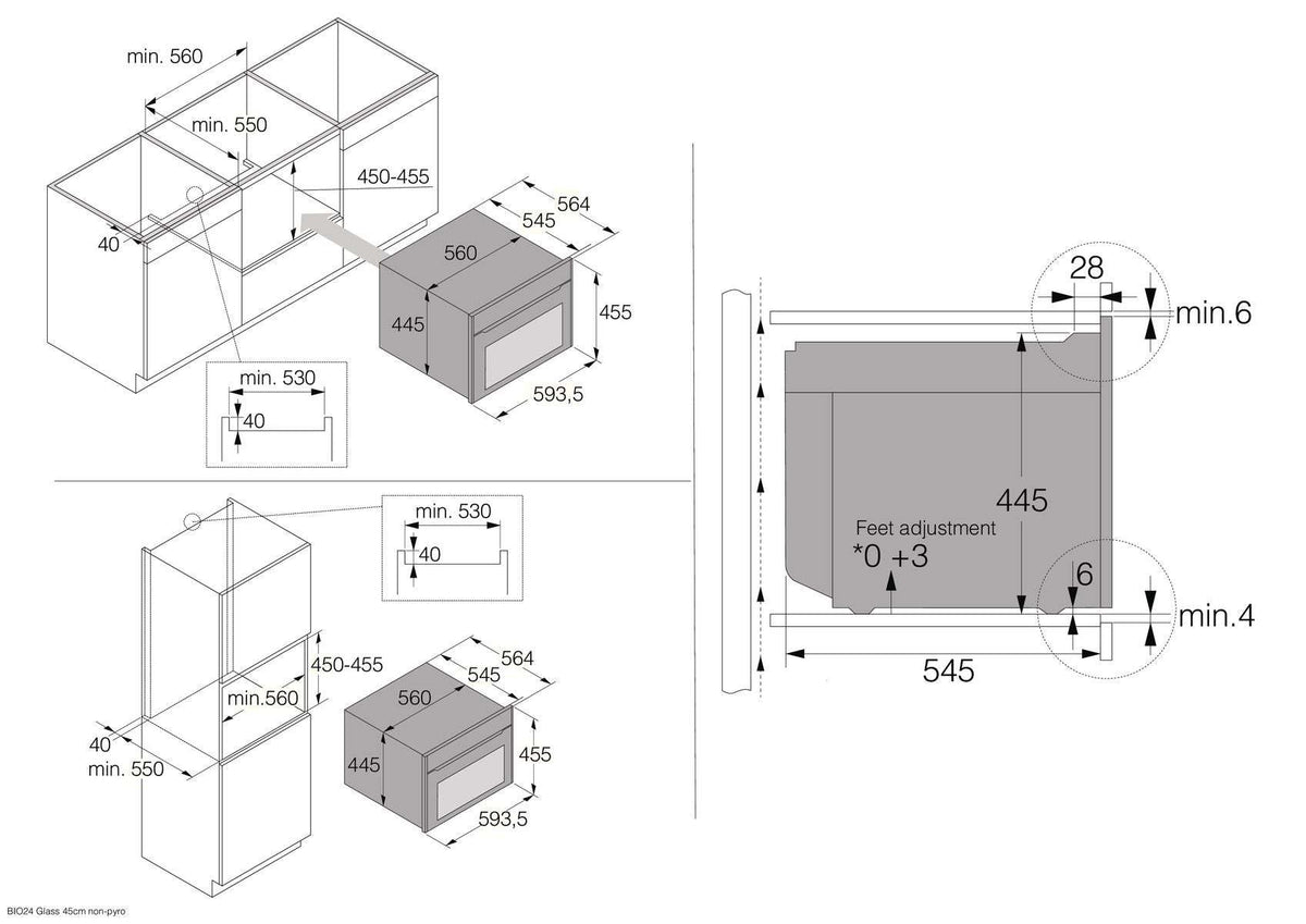 Einbauzeichnung mit Massen ASKO OCS 24 BGH, OCM 24 BGH