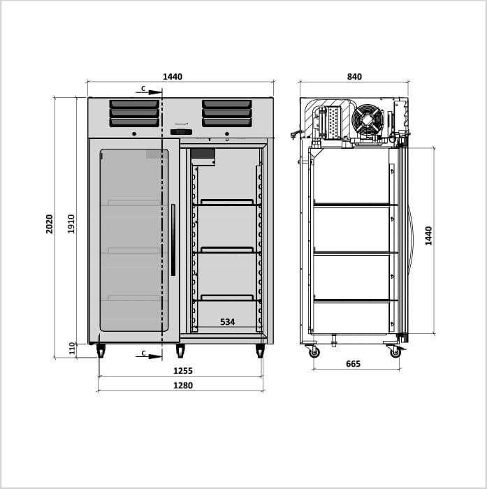 FORS Gastronomie-Kühlschrank doppelte Glastür Edelstahl GN 2/1 DGCV 1400 GES