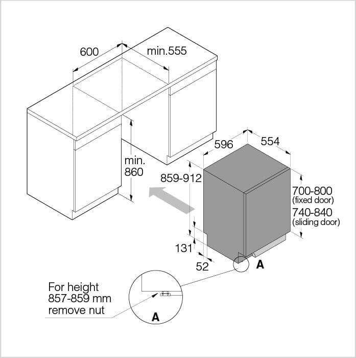 Einbauzeichnung mit Massen ASKO DSD 545NXXL