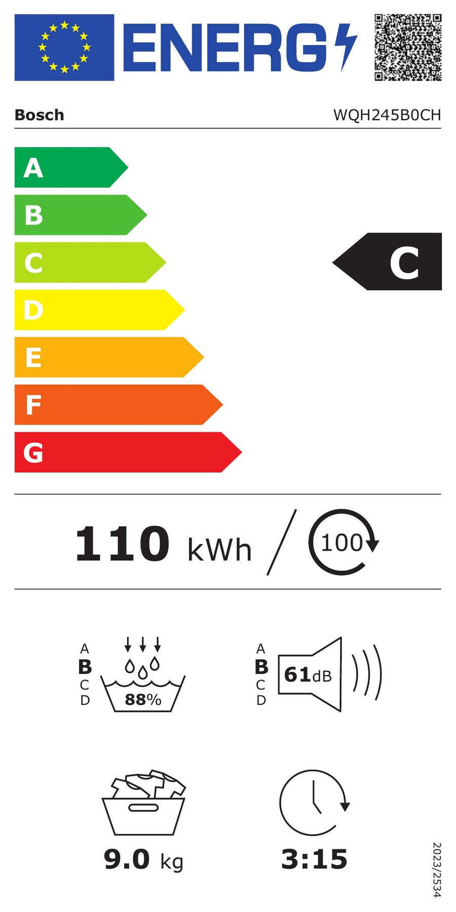 Energieetikette Bosch Wärmepumpentrockner Serie 6 WQH245B0CH
