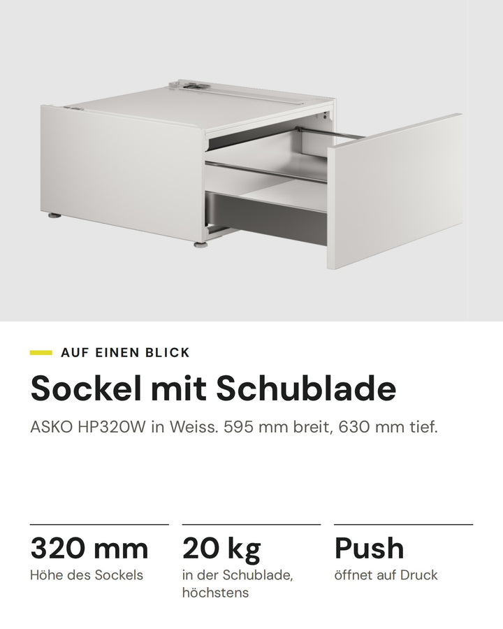 ASKO Sockelschublade HP320W in Weiss: 320 mm Höhe des Sockels, 20 kg in der Schublade, höchstens, Push öffnet auf Druck, 595 mm breit, 630 mm tief