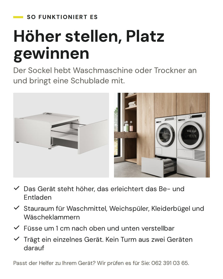 So funktioniert der ASKO Helfer HP320W in Weiss: Das Gerät steht höher, das erleichtert das Be- und Entladen. Stauraum für Waschmittel, Weichspüler, Kleiderbügel und Wäscheklammern. Füsse um 1 cm nach oben und unten verstellbar