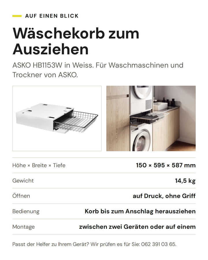 ASKO Wäschekorb zum Ausziehen HB1153W in Weiss: Höhe × Breite × Tiefe 150 × 595 × 587 mm, Gewicht 14,5 kg, Öffnen auf Druck, ohne Griff, Bedienung Korb bis zum Anschlag herausziehen, Montage zwischen zwei Geräten oder auf einem