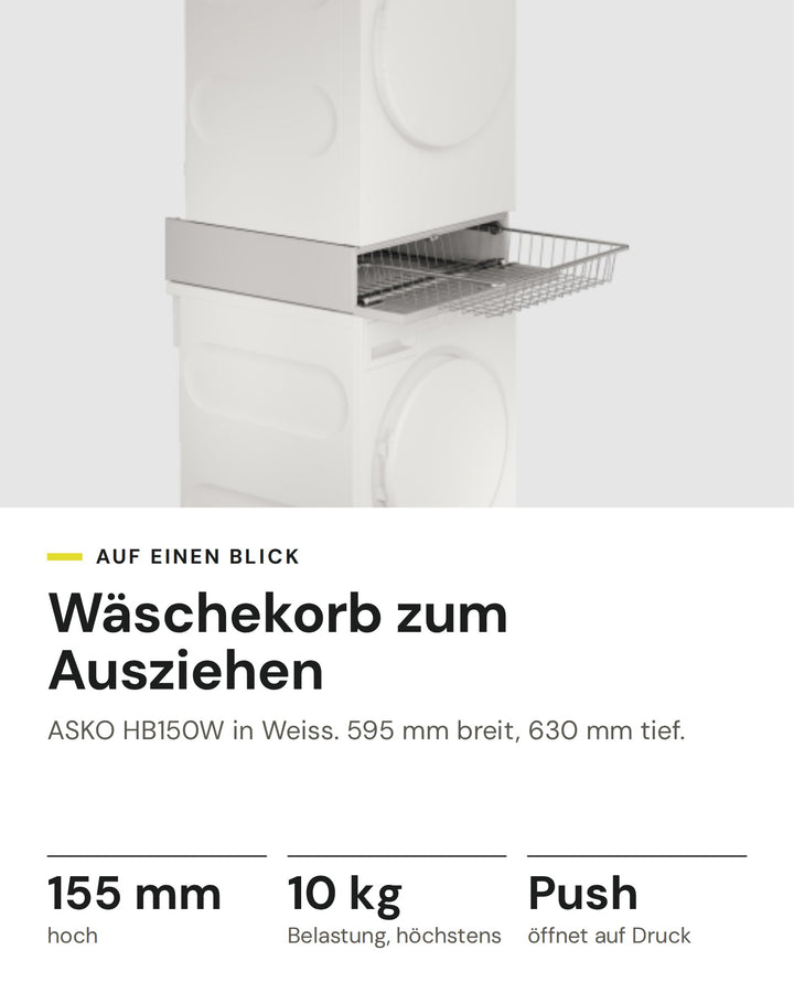 ASKO Wäschekorb HB150W in Weiss: 155 mm hoch, 10 kg Belastung, höchstens, Push öffnet auf Druck, 595 mm breit, 630 mm tief