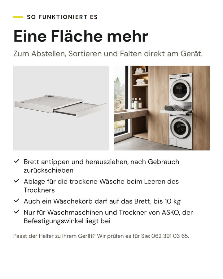 So funktioniert der ASKO Helfer HS60W in Weiss: Brett antippen und herausziehen, nach Gebrauch zurückschieben. Ablage für die trockene Wäsche beim Leeren des Trockners. Auch ein Wäschekorb darf auf das Brett, bis 10 kg