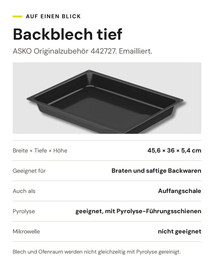 ASKO Backblech tief 442727: Emaille, 45,6 × 36 × 5,4 cm, für Braten und saftige Backwaren, pyrolysegeeignet mit Führungsschienen
