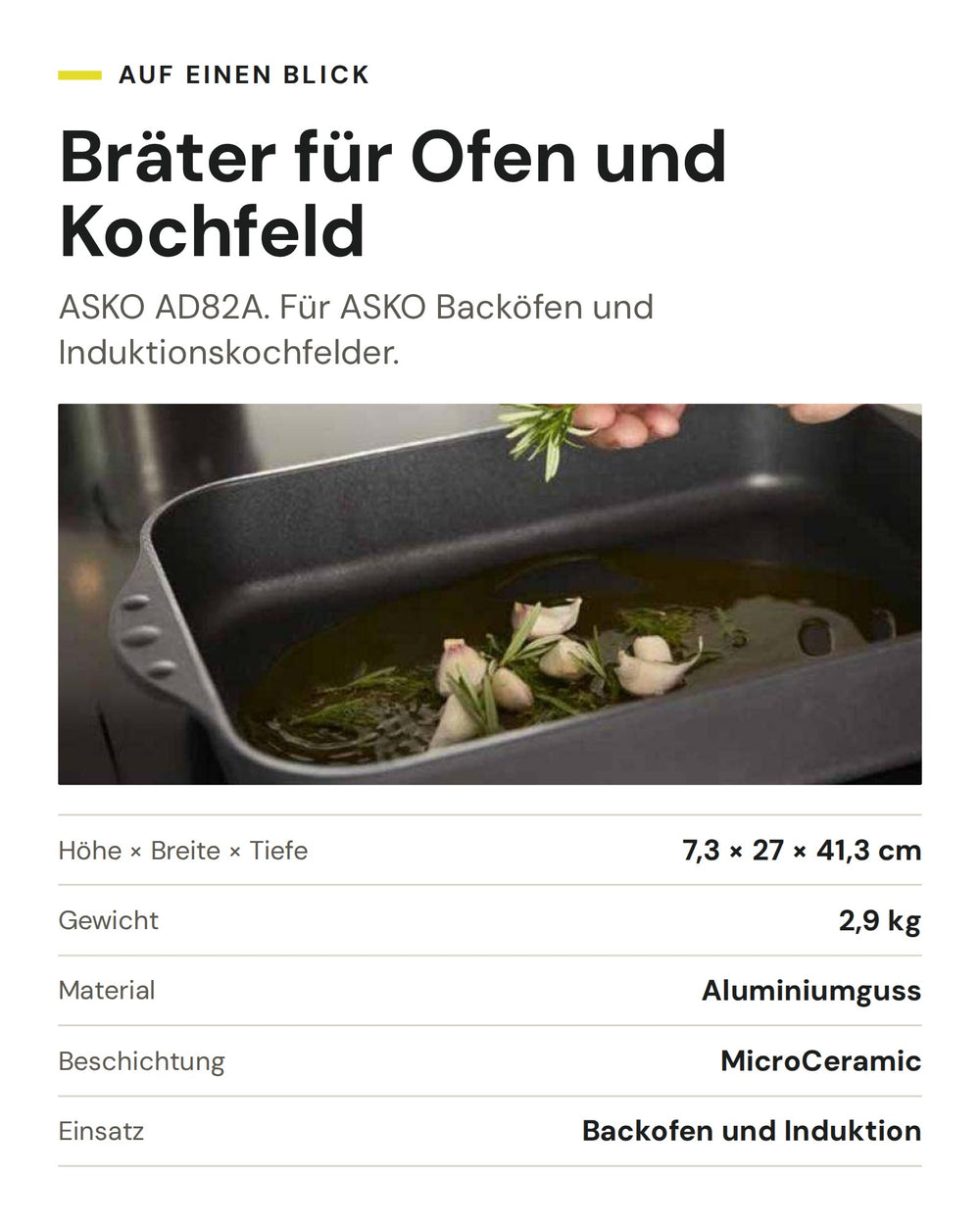 ASKO Bräter AD82A mit Kräutern und Knoblauch: Aluminiumguss mit Beschichtung MicroCeramic, 7,3 × 27 × 41,3 cm, 2,9 kg, für Backofen und Induktionskochfeld