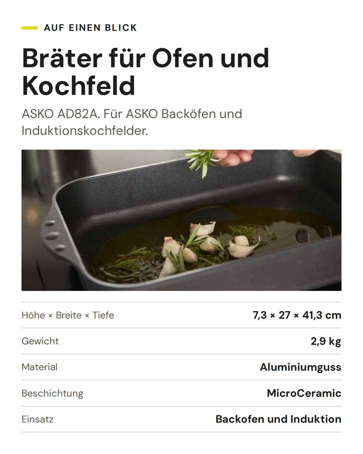 ASKO Bräter AD82A mit Kräutern und Knoblauch: Aluminiumguss mit Beschichtung MicroCeramic, 7,3 × 27 × 41,3 cm, 2,9 kg, für Backofen und Induktionskochfeld