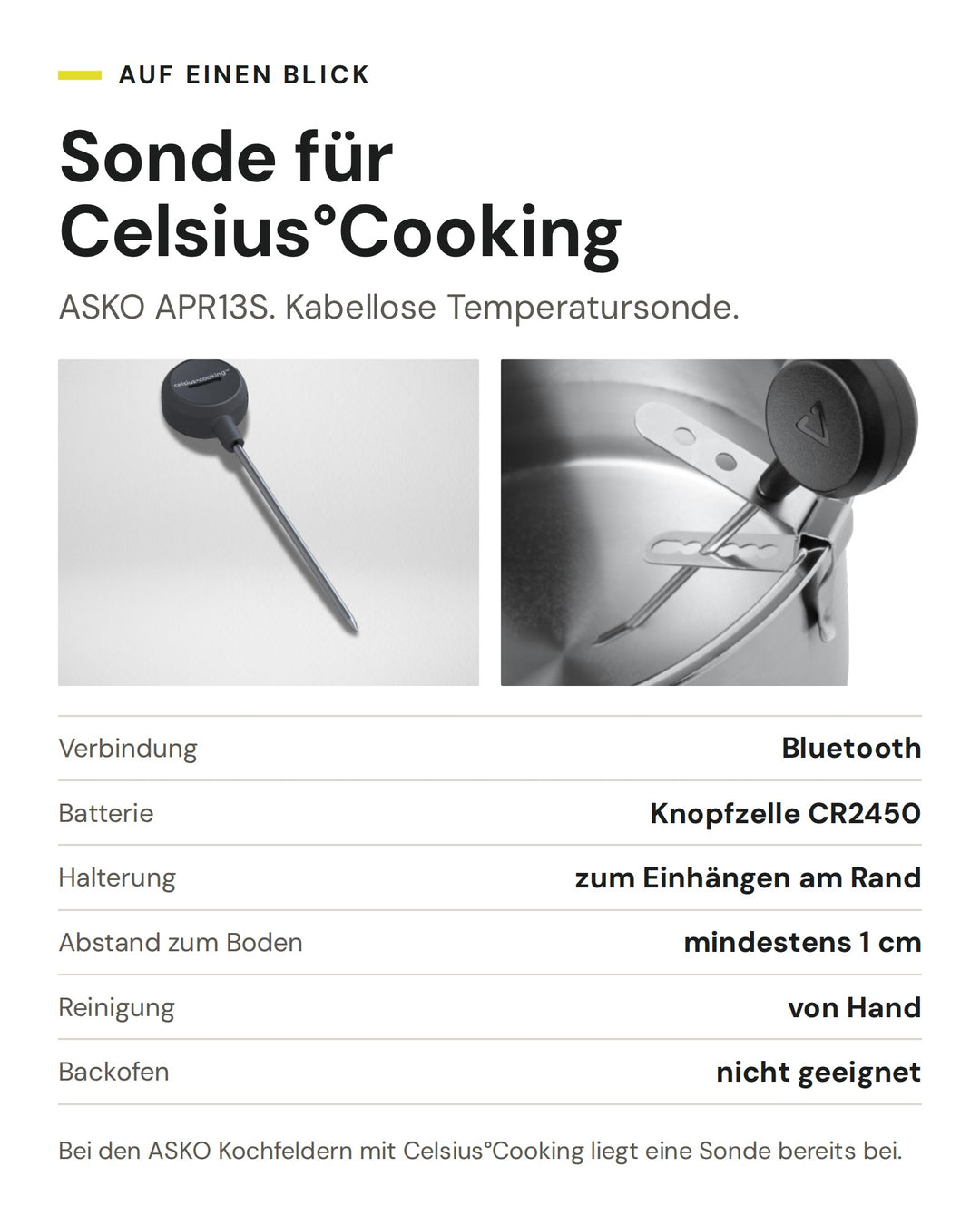 ASKO Celsius°Cooking Sonde APR13S, eingehängt am Rand einer Pfanne: Bluetooth, Knopfzelle CR2450, Reinigung von Hand