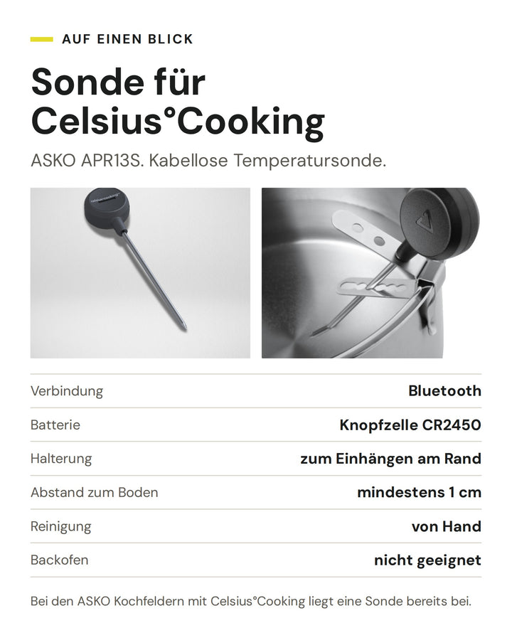 ASKO Celsius°Cooking Sonde APR13S, eingehängt am Rand einer Pfanne: Bluetooth, Knopfzelle CR2450, Reinigung von Hand