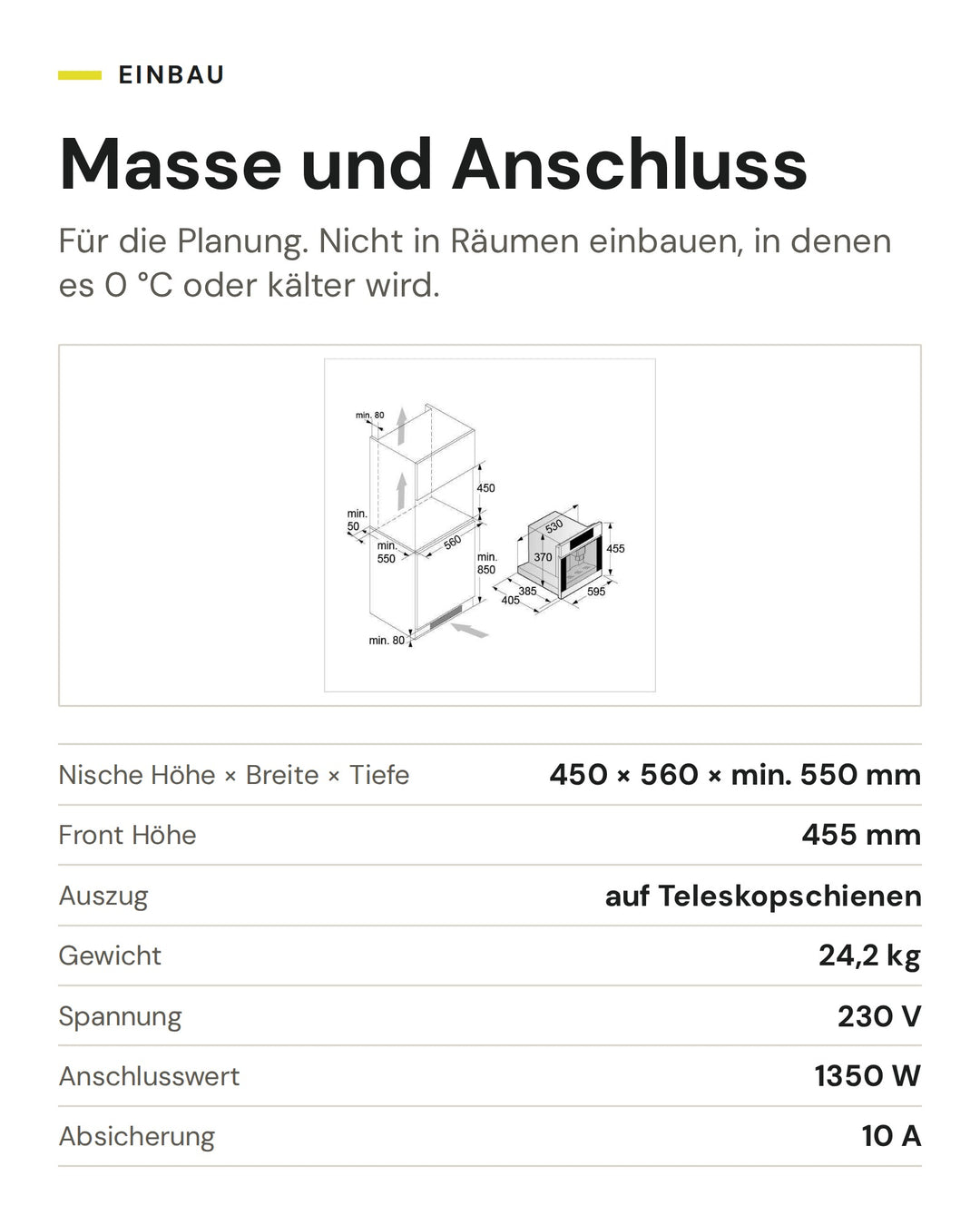 Masse und Anschluss ASKO Kaffeemaschine CMB 54 BG: Nische Höhe × Breite × Tiefe 450 × 560 × min. 550 mm, Front Höhe 455 mm, Auszug auf Teleskopschienen, Gewicht 24,2 kg, Spannung 230 V, Anschlusswert 1350 W, Absicherung 10 A