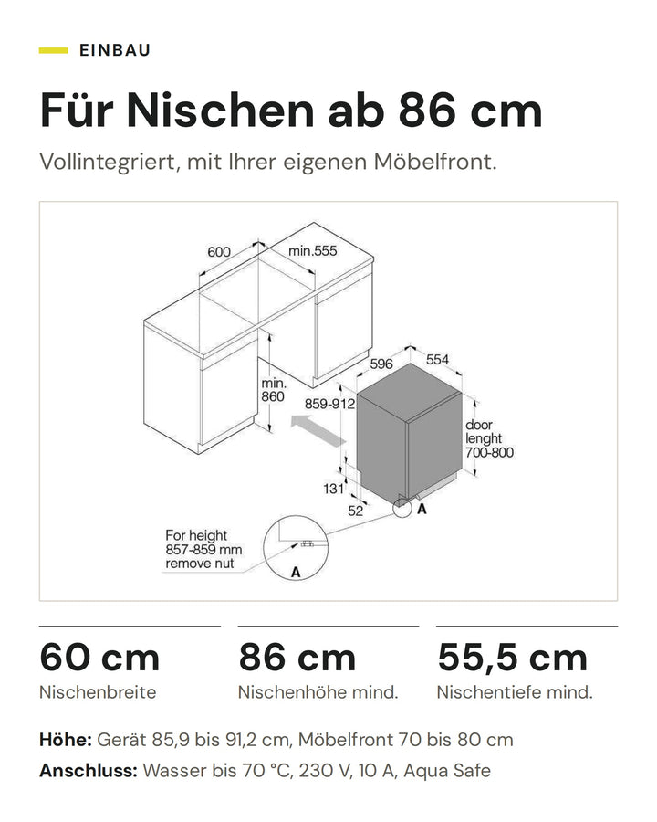 Einbau ASKO DFI 544BXXL: Nische 60 cm breit, mindestens 86 cm hoch und 55,5 cm tief, Anschluss Wasser bis 70 °C, 230 V, 10 A, Aqua Safe