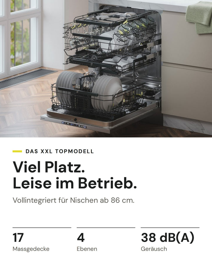ASKO XXL-Geschirrspüler DFI 778UXXL: 17 Massgedecke auf 4 Ebenen, 38 dB(A), vollintegriert für Nischen ab 86 cm