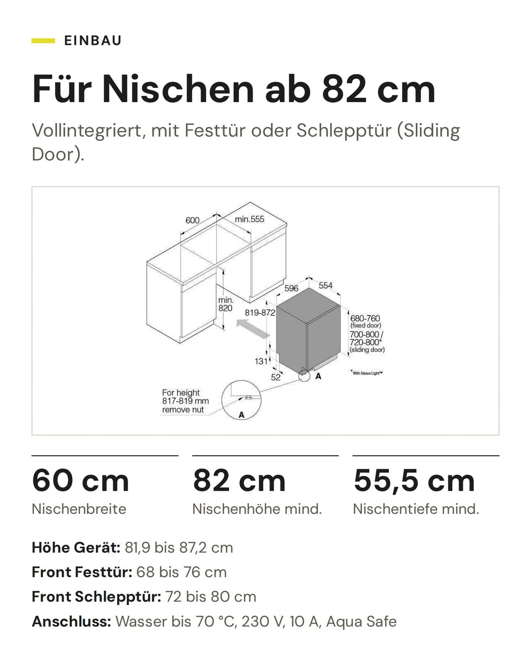 Einbau ASKO DSD 544B: Nische 60 cm breit, mindestens 82 cm hoch und 55,5 cm tief, Anschluss Wasser bis 70 °C, 230 V, 10 A, Aqua Safe