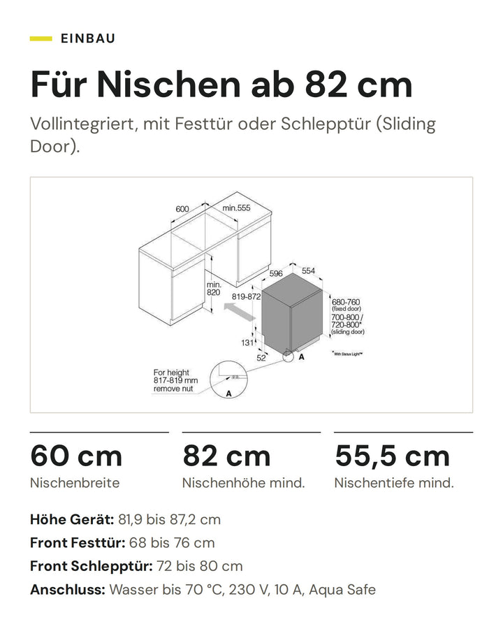 Einbau ASKO DSD 544B: Nische 60 cm breit, mindestens 82 cm hoch und 55,5 cm tief, Anschluss Wasser bis 70 °C, 230 V, 10 A, Aqua Safe