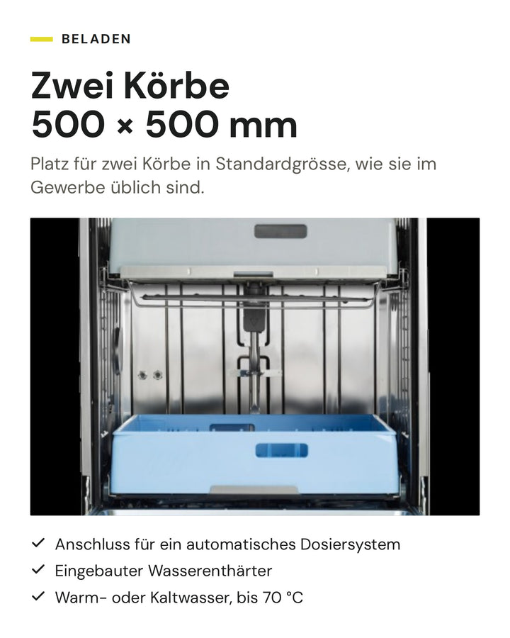 ASKO Gewerbegeschirrspüler DWCFS5936.S: Platz für zwei Körbe 500 × 500 mm, Anschluss für ein automatisches Dosiersystem, eingebauter Wasserenthärter