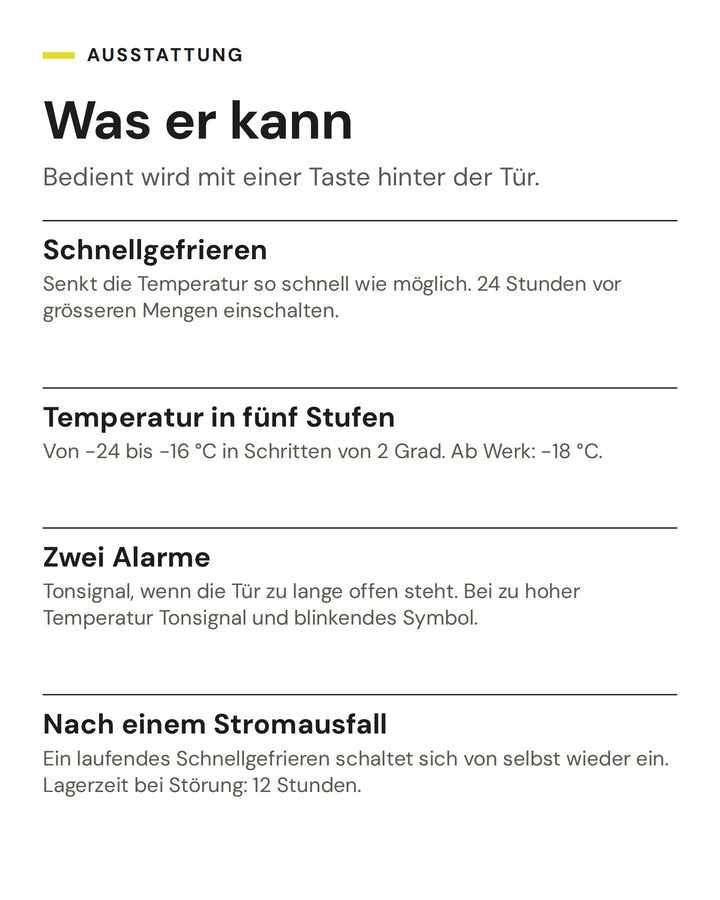 ASKO Gefrierschrank FN 30931 I: Schnellgefrieren, Temperatur in fünf Stufen, Zwei Alarme, Nach einem Stromausfall