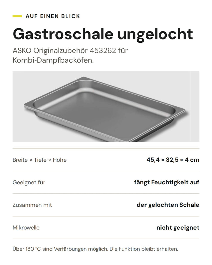 ASKO Gastroschale ungelocht 453262: 45,4 × 32,5 × 4 cm, fängt beim Dampfgaren die Feuchtigkeit auf