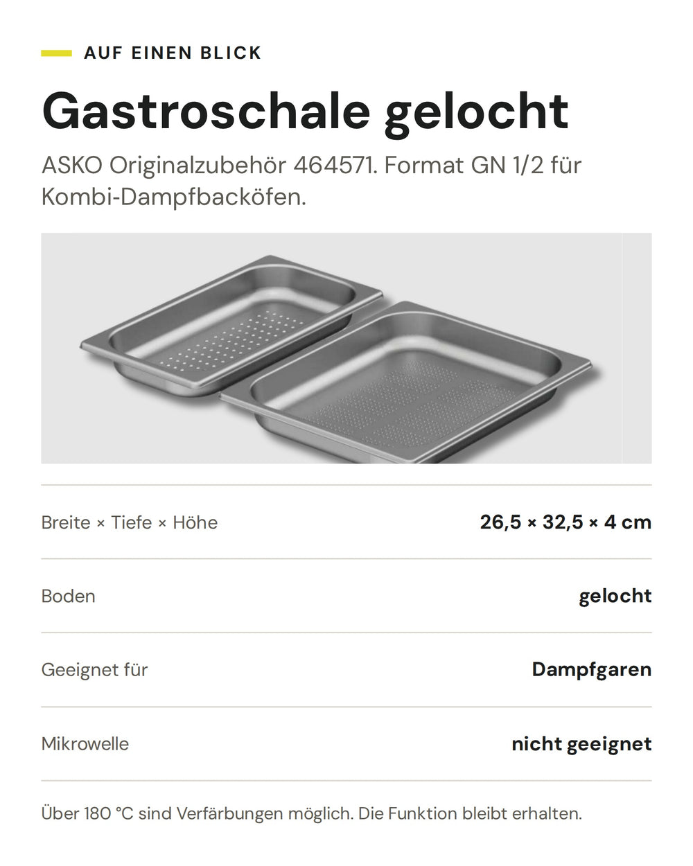 ASKO Gastroschale gelocht GN 1/2 464571: 26,5 × 32,5 × 4 cm, zum Dampfgaren im Kombi-Dampfbackofen