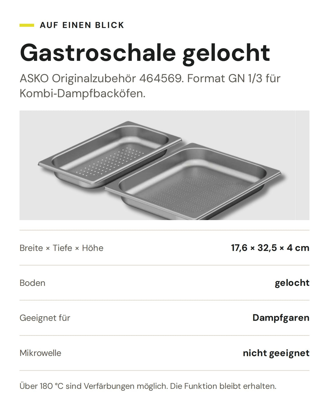 ASKO Gastroschale gelocht GN 1/3 464569: 17,6 × 32,5 × 4 cm, zum Dampfgaren im Kombi-Dampfbackofen
