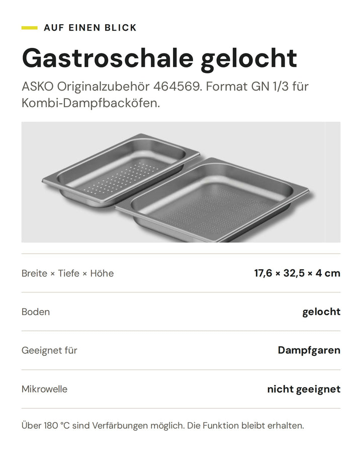 ASKO Gastroschale gelocht GN 1/3 464569: 17,6 × 32,5 × 4 cm, zum Dampfgaren im Kombi-Dampfbackofen