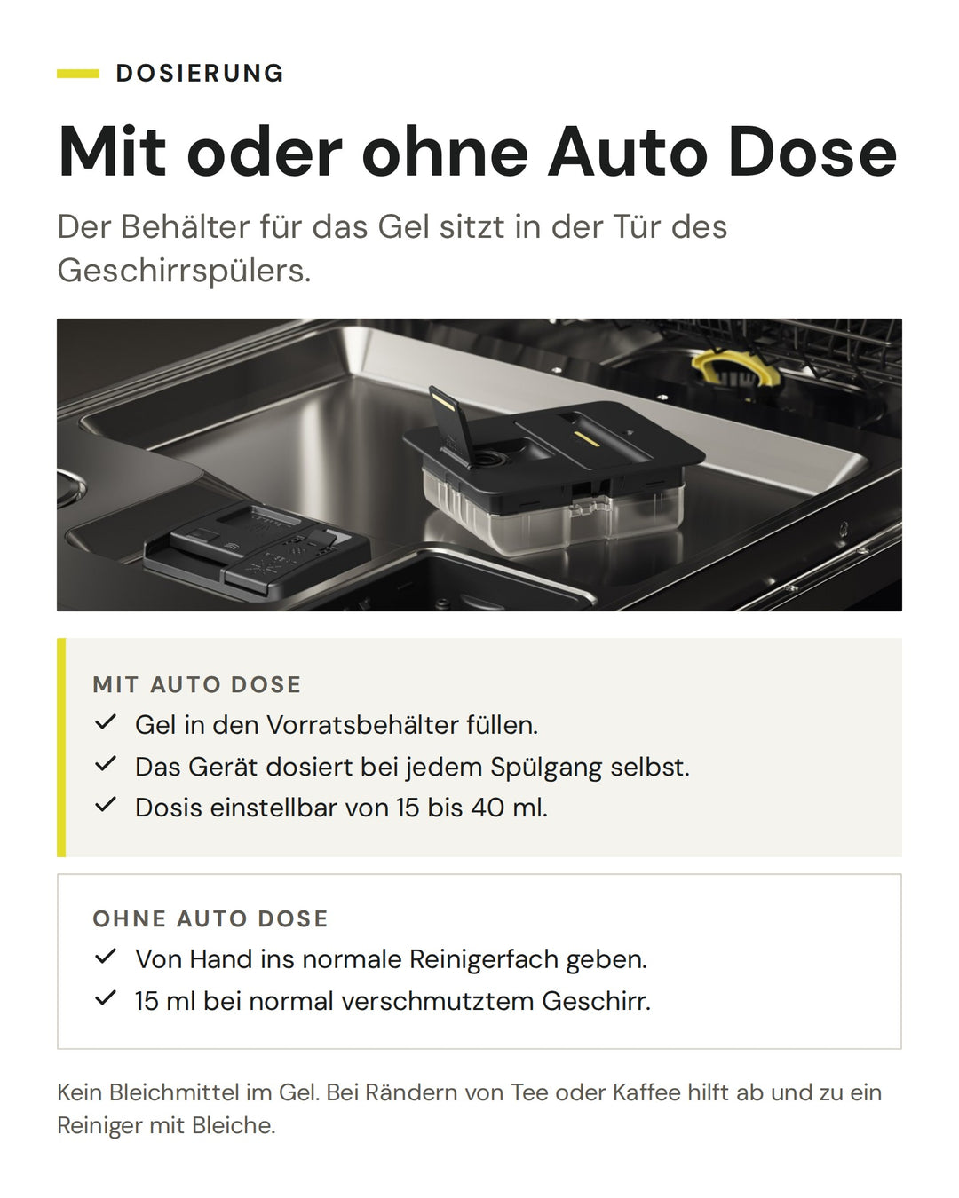 Dosierung ASKO Geschirrspülmittel Gel LD10: Auto Dose Behälter in der Tür des Geschirrspülers. Mit Auto Dose oder von Hand, 15 ml je Spülgang