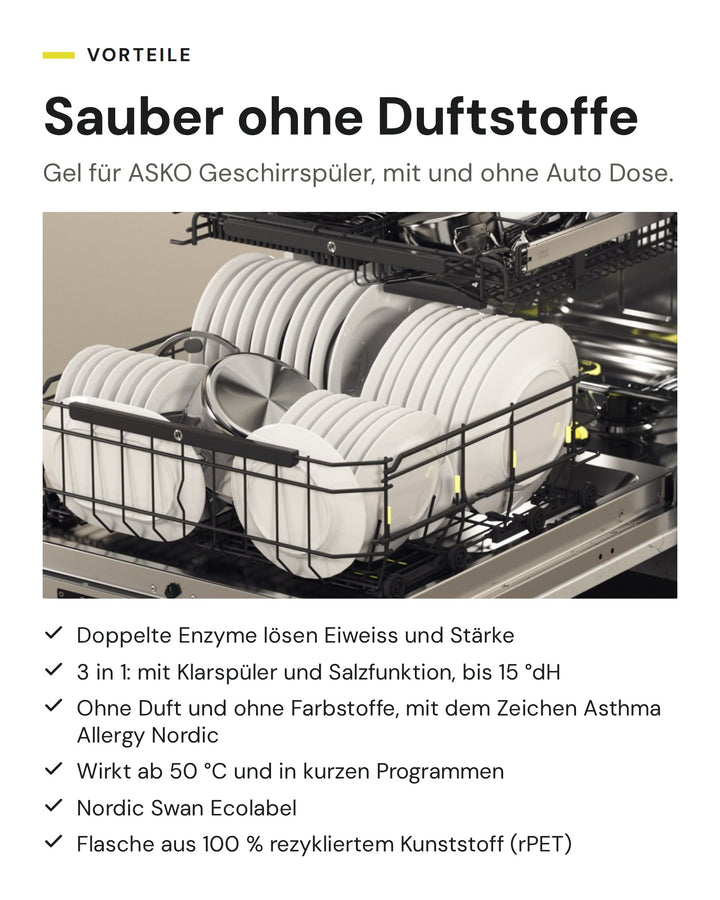 Vorteile ASKO Geschirrspülmittel Gel LD10: doppelte Enzyme, 3 in 1, ohne Duft und Farbstoffe, Asthma Allergy Nordic, wirkt ab 50 Grad, Nordic Swan Ecolabel