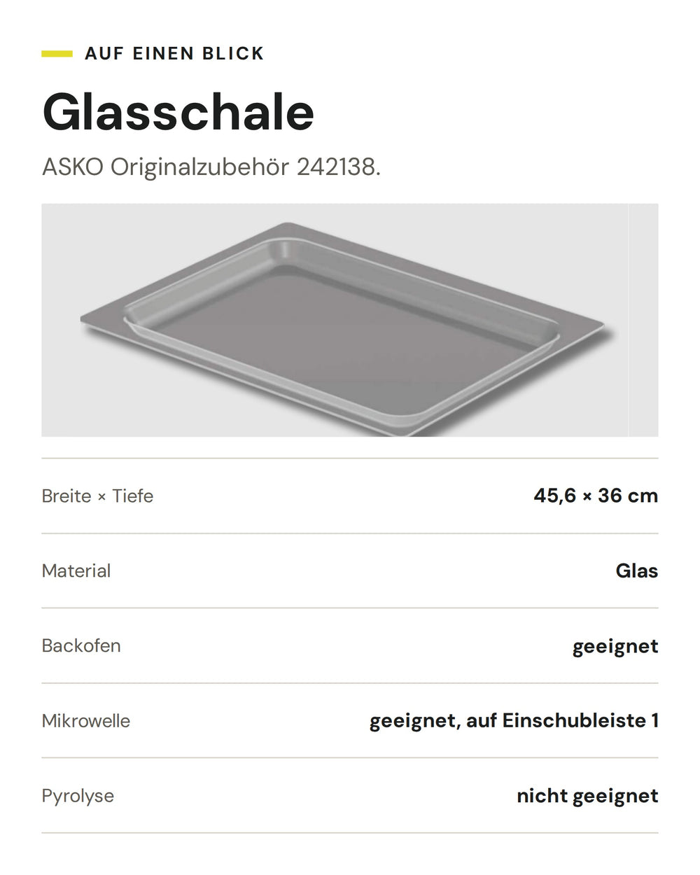 ASKO Glasschale 242138: Glas, 45,6 × 36 cm, für Backofen und Mikrowelle, nicht für Pyrolyse