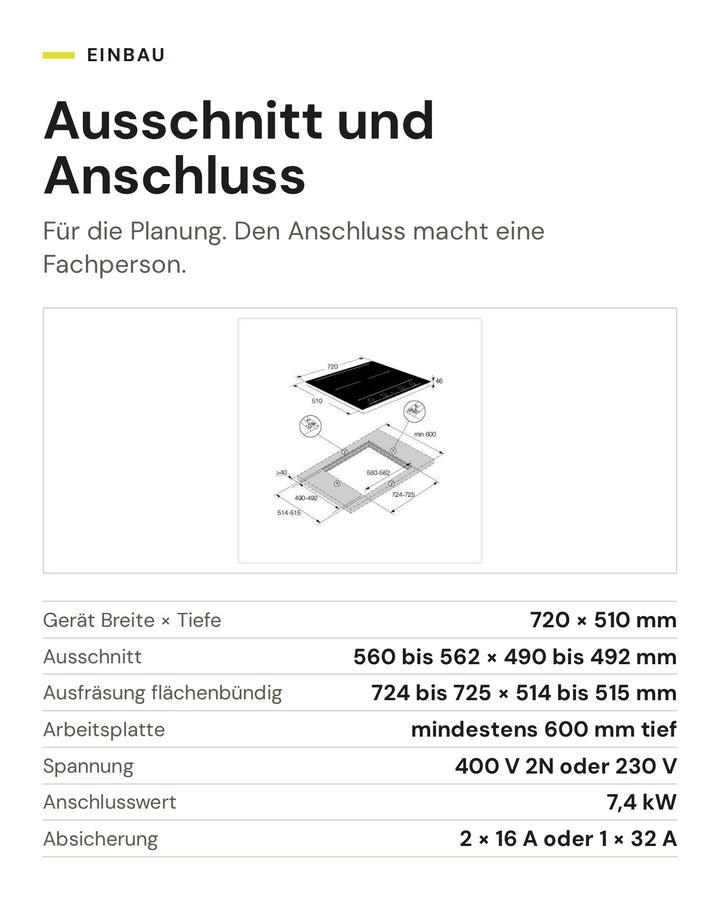 Ausschnitt und Anschluss ASKO Induktionskochfeld HID 754 MFC: Gerät Breite × Tiefe 720 × 510 mm, Ausschnitt 560 bis 562 × 490 bis 492 mm, Ausfräsung flächenbündig 724 bis 725 × 514 bis 515 mm, Arbeitsplatte mindestens 600 mm tief, Spannung 400 V 2N oder 230 V, Anschlusswert 7,4 kW, Absicherung 2 × 16 A oder 1 × 32 A