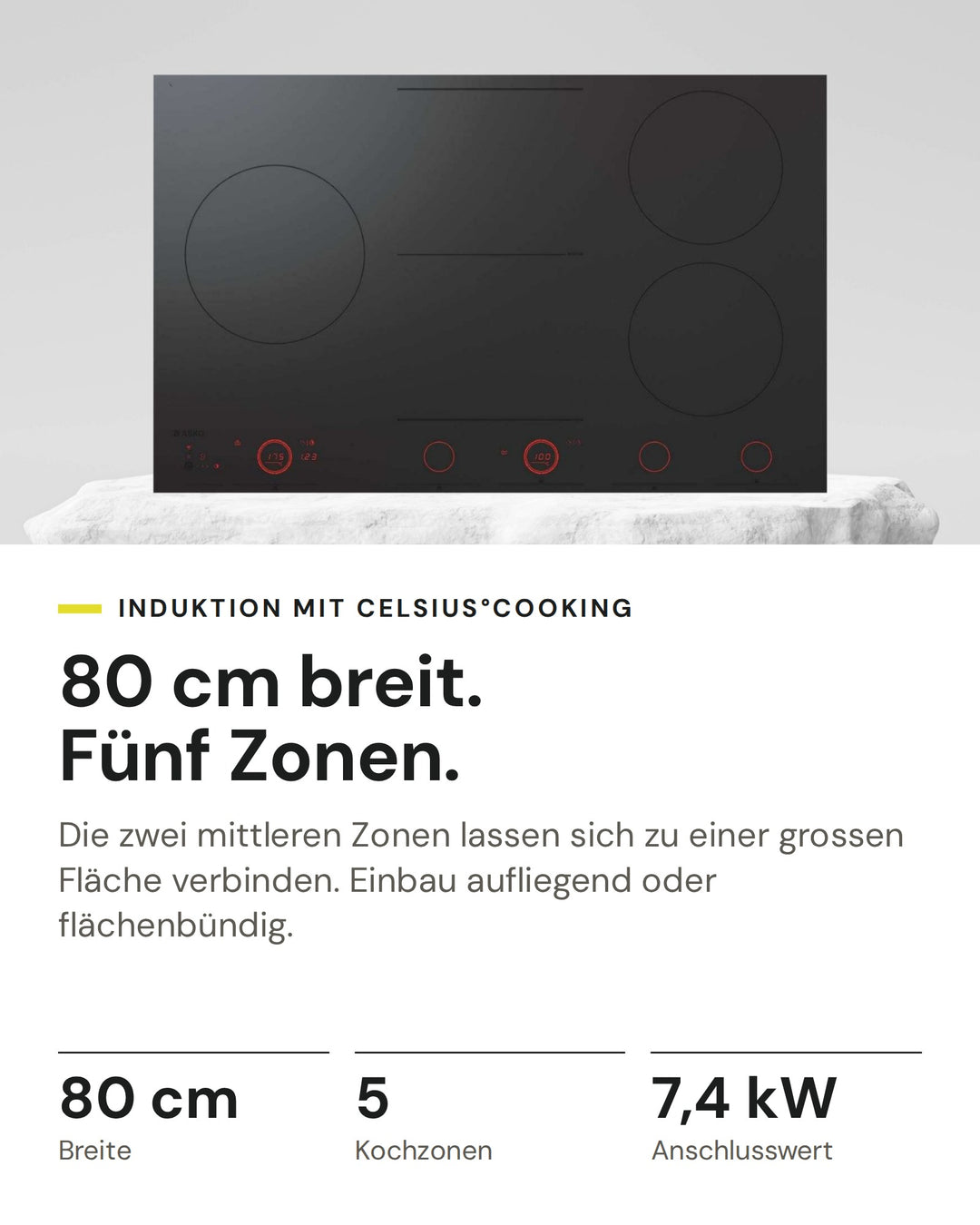 ASKO Induktionskochfeld HID 865 MFC auf einen Blick: Breite 80 cm, Kochzonen 5, Anschlusswert 7,4 kW