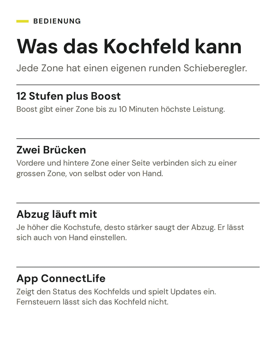 Was das Kochfeld kann: 12 Stufen plus Boost, Zwei Brücken, Abzug läuft mit, App ConnectLife