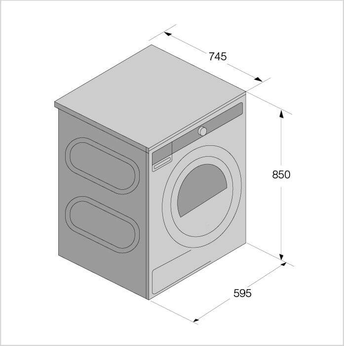 Masszeichnung ASKO Wäschetrockner T 511HRXL W, Breite 595, Tiefe 745, Höhe 850 mm