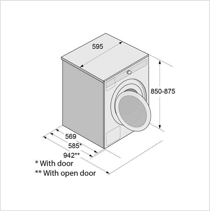Masszeichnung ASKO Waschmaschine WMC 6863P W/1, Breite 595, Tiefe 569 (mit Tür 585, Tür offen 942), Höhe 850 bis 875 mm