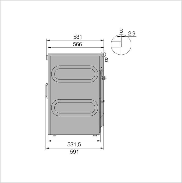 Masszeichnung ASKO Waschmaschine WMC 6743PB T, Seitenansicht mit Tiefenmassen