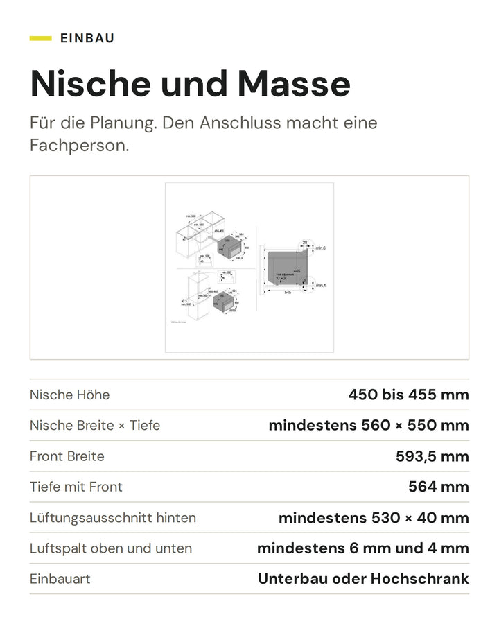 Nische und Masse ASKO Backofen mit Mikrowelle OCM 54 BGH: Nische Höhe 450 bis 455 mm, Nische Breite × Tiefe mindestens 560 × 550 mm, Front Breite 593,5 mm, Tiefe mit Front 564 mm, Lüftungsausschnitt hinten mindestens 530 × 40 mm, Luftspalt oben und unten mindestens 6 mm und 4 mm, Einbauart Unterbau oder Hochschrank