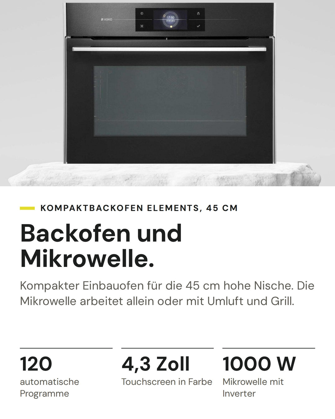 ASKO Backofen mit Mikrowelle OCM8478G auf einen Blick: 120 automatische Programme, 4,3 Zoll Touchscreen in Farbe, 1000 W Mikrowelle mit Inverter