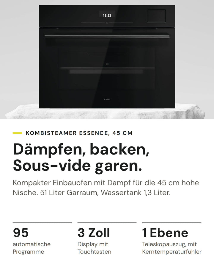 ASKO Kombisteamer OCS 24 BGH auf einen Blick: 95 automatische Programme, 3 Zoll Display mit Touchtasten, 1 Ebene Teleskopauszug, mit Kerntemperaturfühler