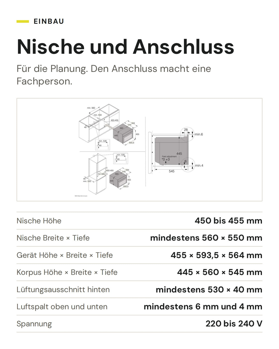 Nische und Anschluss ASKO Kombisteamer OCS 24 BGH: Nische Höhe 450 bis 455 mm, Nische Breite × Tiefe mindestens 560 × 550 mm, Gerät Höhe × Breite × Tiefe 455 × 593,5 × 564 mm, Korpus Höhe × Breite × Tiefe 445 × 560 × 545 mm, Lüftungsausschnitt hinten mindestens 530 × 40 mm, Luftspalt oben und unten mindestens 6 mm und 4 mm, Spannung 220 bis 240 V