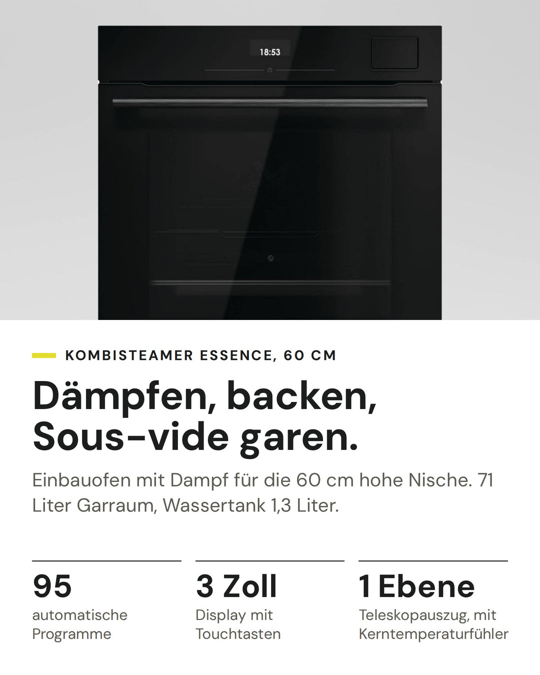 ASKO Kombisteamer OCS 26 BGH auf einen Blick: 95 automatische Programme, 3 Zoll Display mit Touchtasten, 1 Ebene Teleskopauszug, mit Kerntemperaturfühler