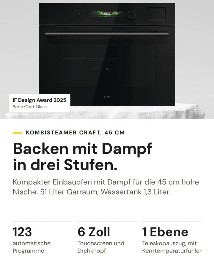 ASKO Kombisteamer OCS 54 BGH auf einen Blick: 123 automatische Programme, 6 Zoll Touchscreen und Drehknopf, 1 Ebene Teleskopauszug, mit Kerntemperaturfühler. Serie Craft Glass: iF Design Award 2025