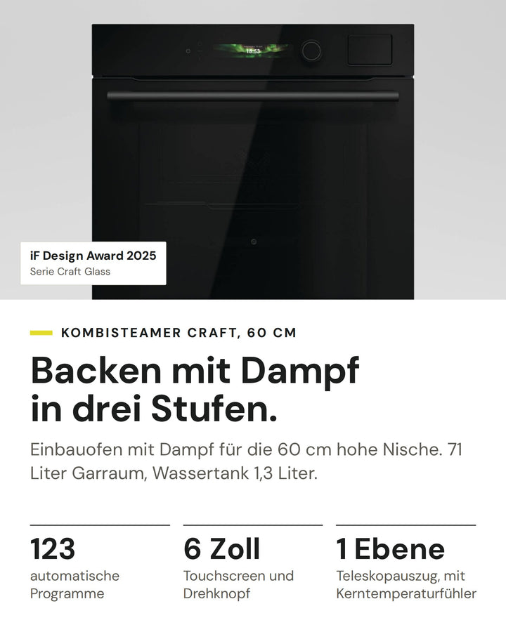 ASKO Kombisteamer OCS 56 BGH auf einen Blick: 123 automatische Programme, 6 Zoll Touchscreen und Drehknopf, 1 Ebene Teleskopauszug, mit Kerntemperaturfühler. Serie Craft Glass: iF Design Award 2025