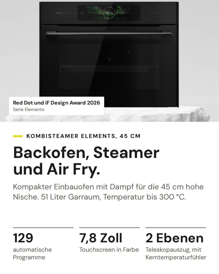ASKO Kombisteamer OCS 84 BGH auf einen Blick: 129 automatische Programme, 7,8 Zoll Touchscreen in Farbe, 2 Ebenen Teleskopauszug, mit Kerntemperaturfühler. Serie Elements: Red Dot und iF Design Award 2026