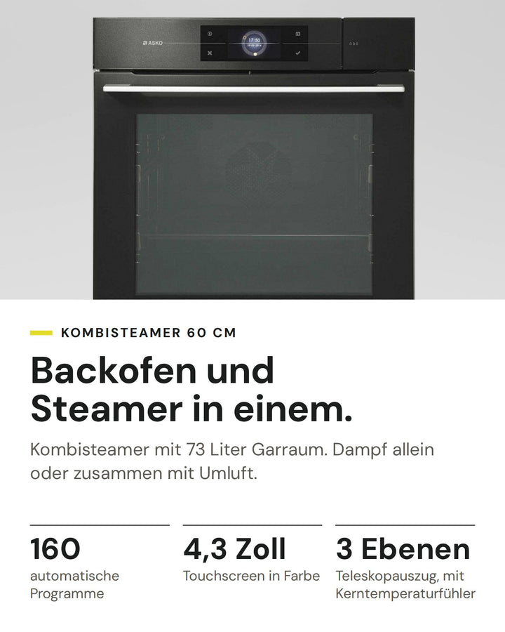 ASKO Kombisteamer OCS8678G auf einen Blick: 160 automatische Programme, 4,3 Zoll Touchscreen in Farbe, 3 Ebenen Teleskopauszug, mit Kerntemperaturfühler