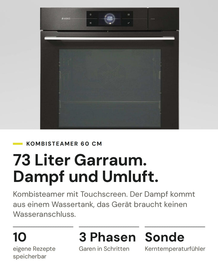 ASKO Kombisteamer OCS8678GH-1 auf einen Blick: 10 eigene Rezepte speicherbar, 3 Phasen Garen in Schritten, Sonde Kerntemperaturfühler