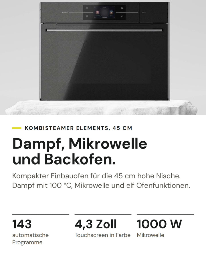 ASKO Kombisteamer mit Mikrowelle OCSM8478G auf einen Blick: 143 automatische Programme, 4,3 Zoll Touchscreen in Farbe, 1000 W Mikrowelle